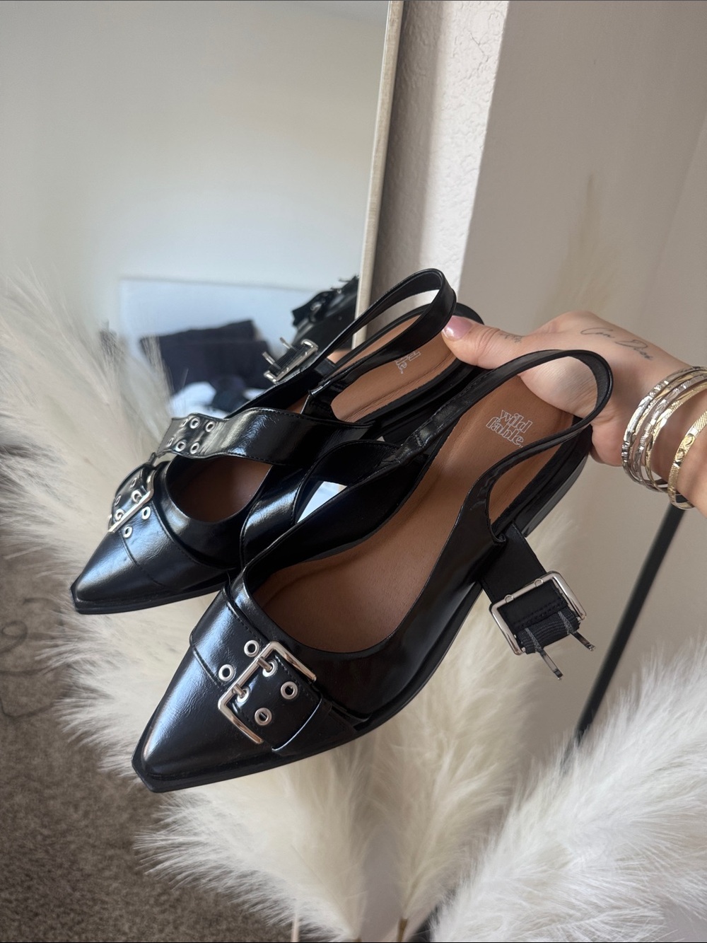 wild fable Black Pointed-Toe Slingback Heels with Silver Buckle